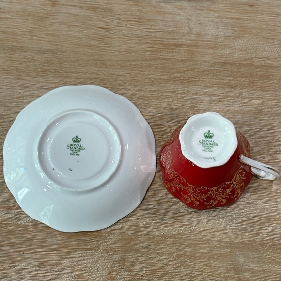Vintage 50s Royal Standard Red Cabbage Rose Teacup Saucer Plate Set , Bone China - Picture 5 of 10